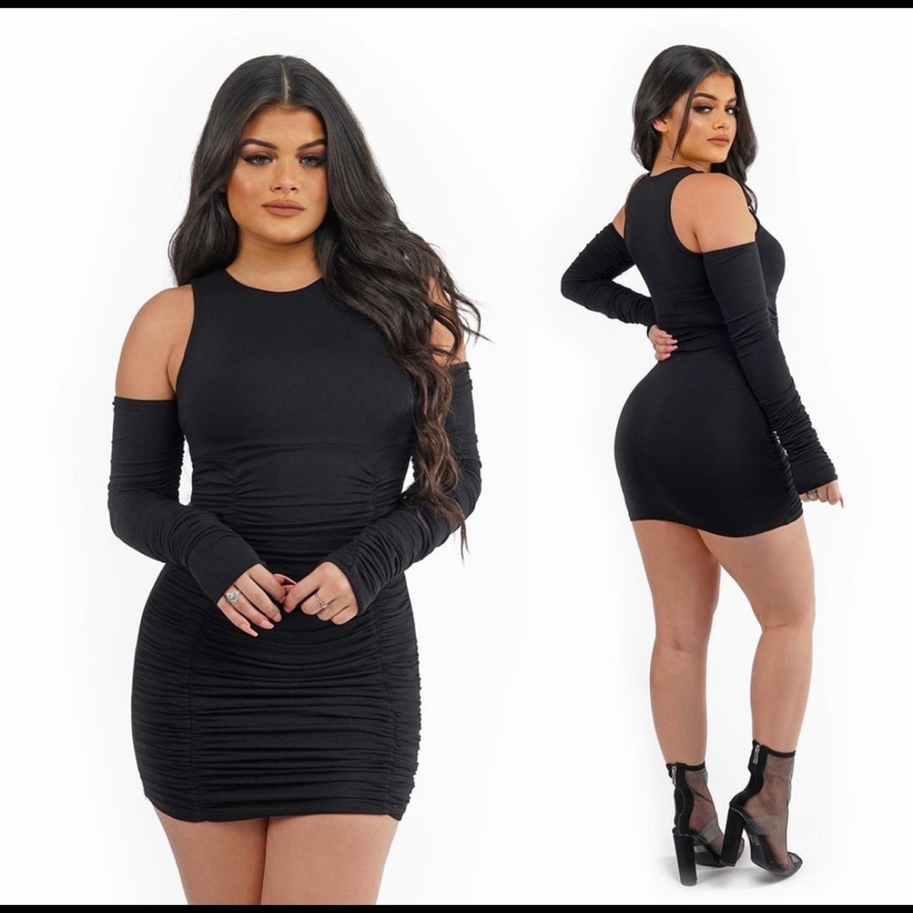 Black Cold Shoulder Ruched Mini Dress